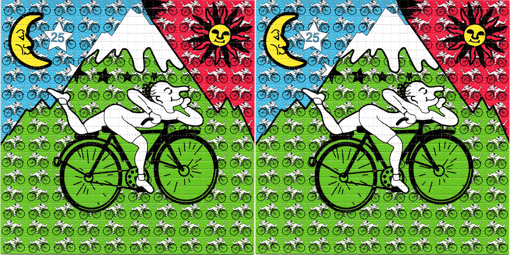 Image of blotter art depicting Albert Hoffman riding a bicycle