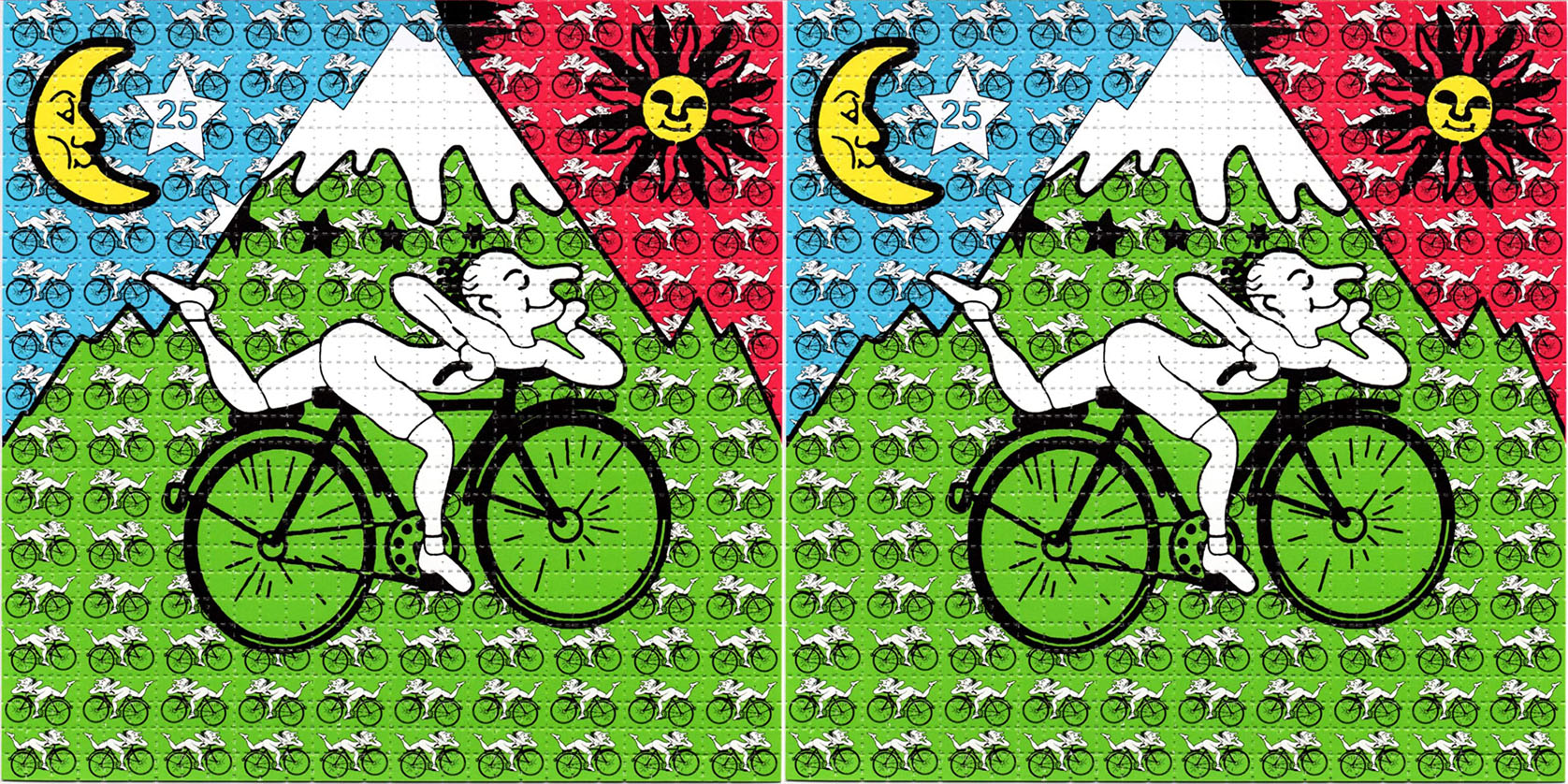 Image of blotter art depicting Albert Hoffman riding a bicycle