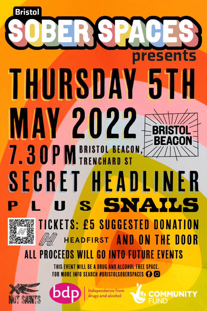 Flyer for Bristol Sober Spaces Event on 5th May at Bristol Beacon